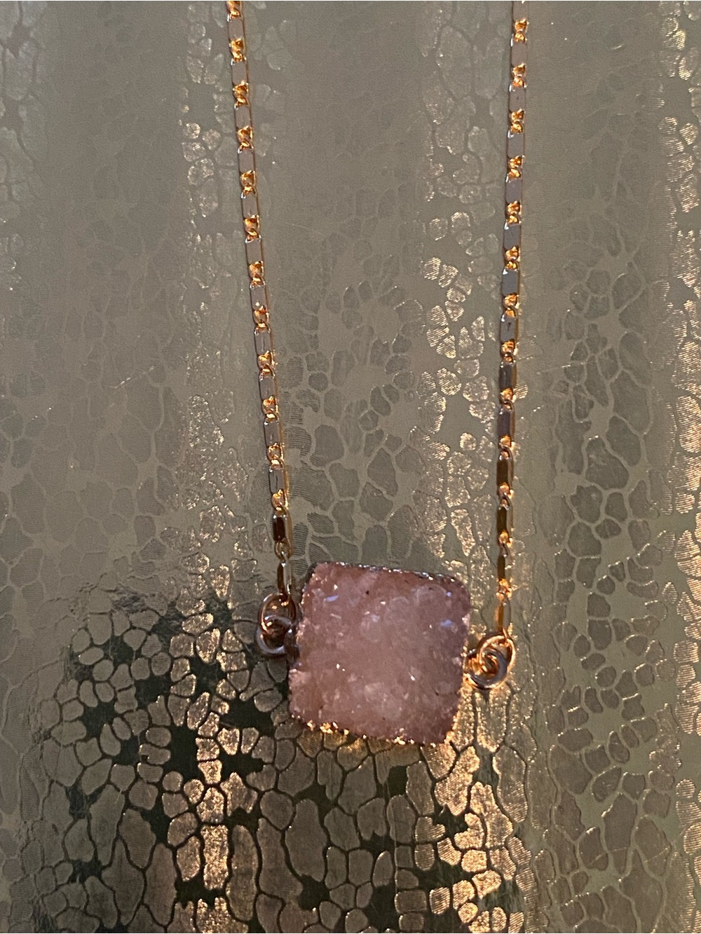 NWT Delicate Pink Druzy Square Pendant Necklace - Gold Chain